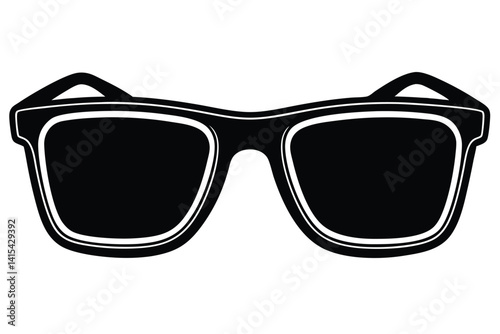 Illustration of classic wayfarer style sunglasses with black lenses and white outline