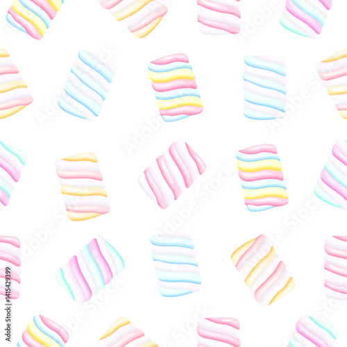 Seamless pattern with soft marshmallows in cartoon style. Vector illustration of tasty twisted marshmallows in blue, pink, white, yellow colors, isolated on white background. Wrapping paper,packaging.