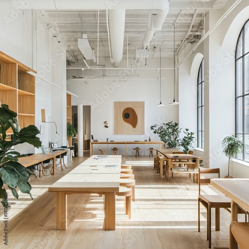 A bright, minimalist workspace with natural light and wooden furniture. photo