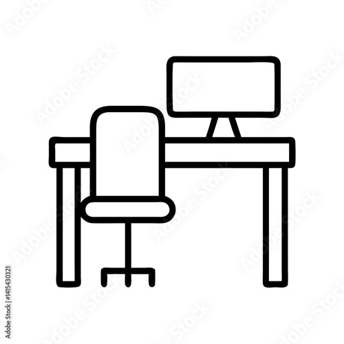 Office desk setup with computer and chair vector icon workspace furniture illustration design