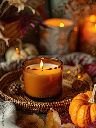 Autumn candle, pumpkins, and leaves photo