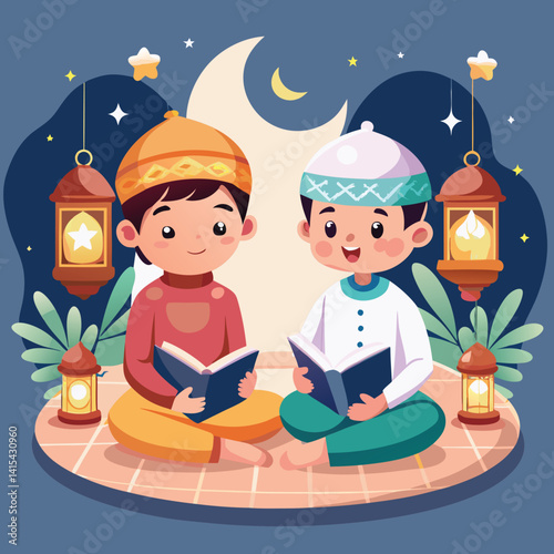 Two children studying religious texts at night
