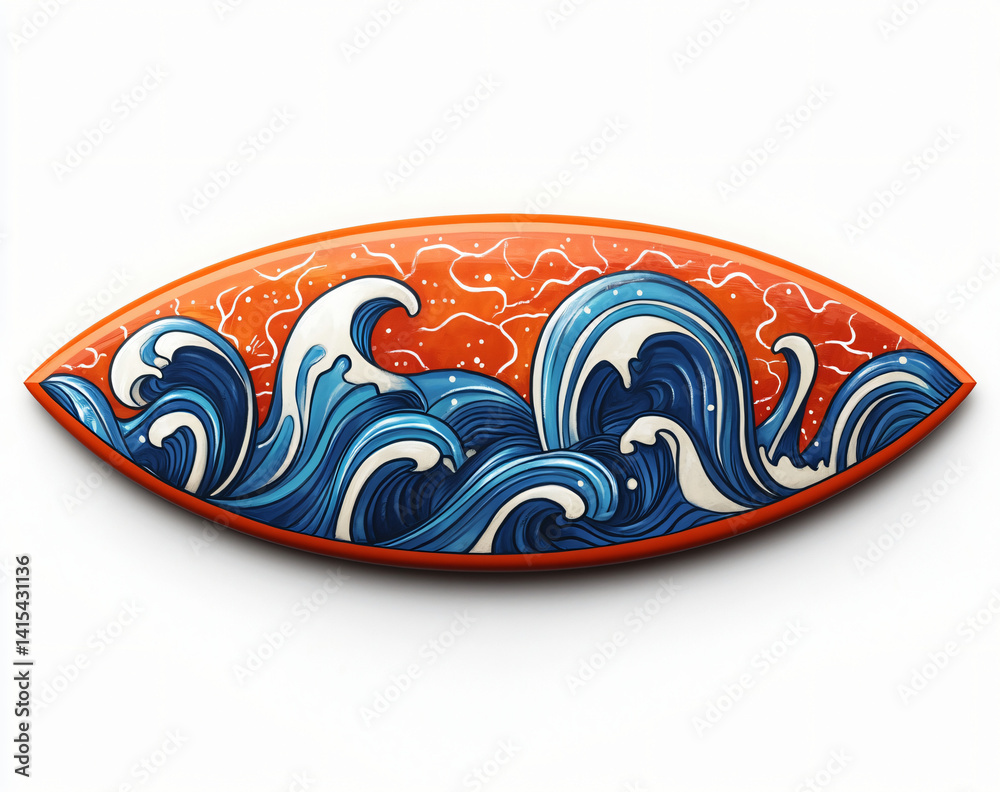 Orange surfboard with a vibrant ocean wave design. A stylish piece of art for any beach house! Orange surfboard with a vibrant ocean wave design. A stylish piece of art for any beach house!