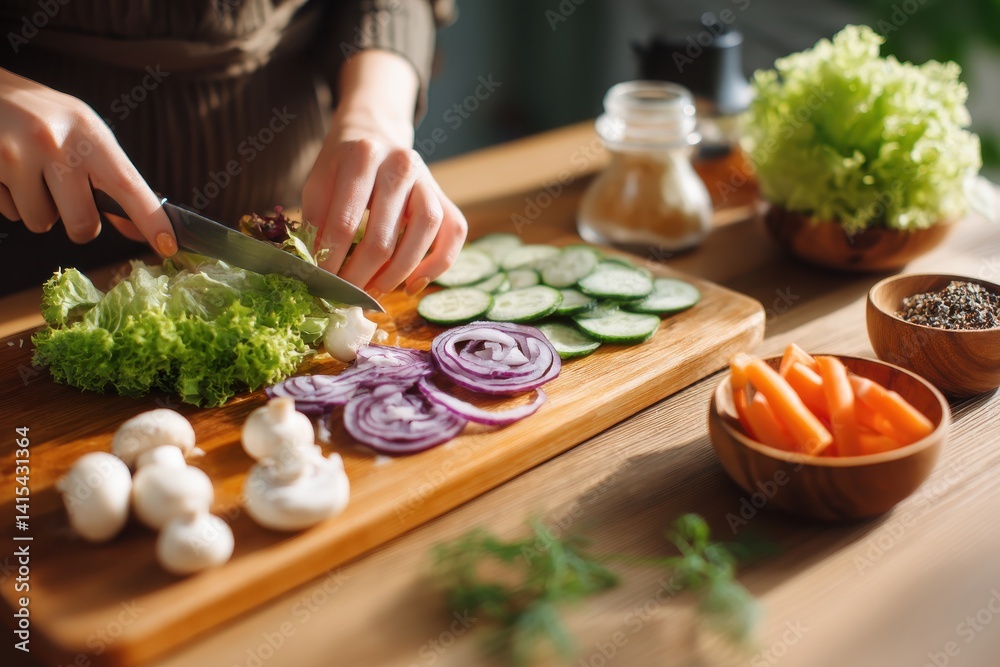 Culinary Creation: A pair of hands expertly slicing fresh vegetables on a wooden cutting board, surrounded by an array of ingredients, captured in natural lighting. Culinary Creation: A pair of hands expertly slicing fresh vegetables on a wooden cutting board, surrounded by an array of ingredients, captured in natural lighting.