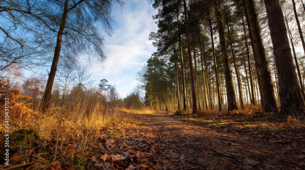 Obraz premium Serene forest path winding through tall trees under a bright blue sky during autumn