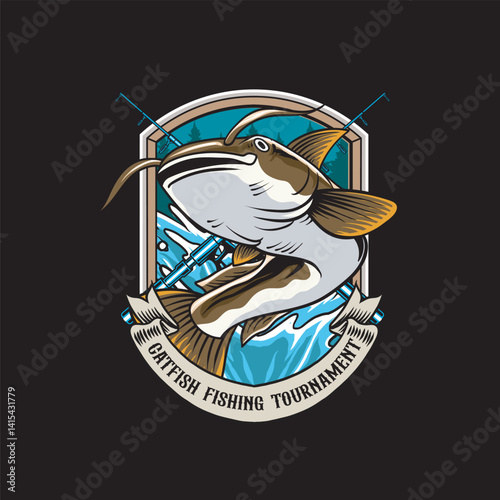 Vector Illustration of Catfish and Fishing Rod with Vintage Retro Illustration Available for Logo Badge