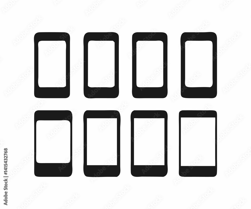 Simple, black and white graphic illustration of multiple smartphones arranged in overlapping formation. Simple, black and white graphic illustration of multiple smartphones arranged in overlapping formation.