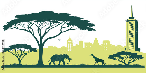 Nairobi skyline vector silhouette including Kenyatta International Conference Centre, Nairobi National Park horizon, and Times Tower.