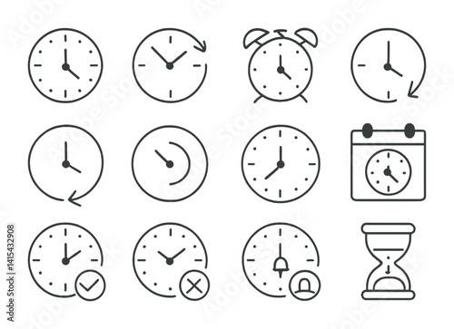 Minimalist linear icons set of clocks and timepieces in various designs