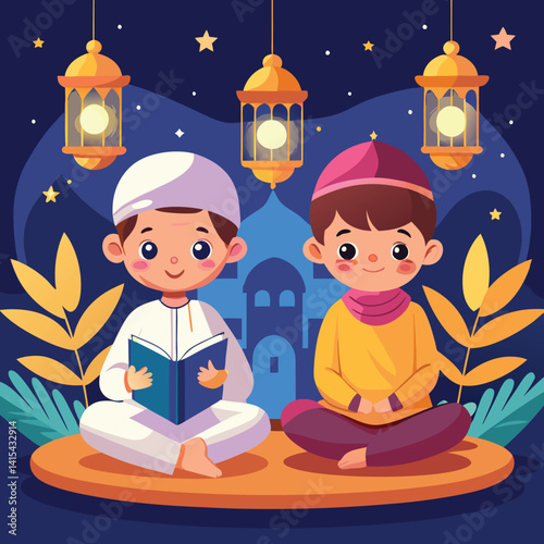 Two children studying at night