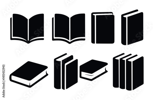 Monochrome book icons set: open, closed, stacked in isometric view