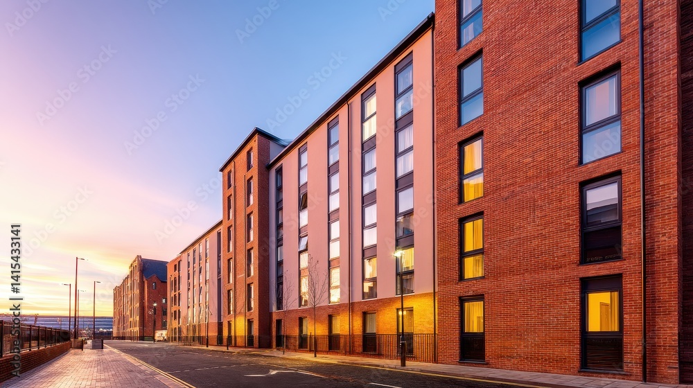 Obraz premium Modern brick apartment building at sunset with glowing windows and clear sky, urban setting