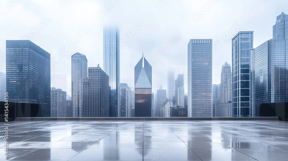 Fototapeta premium City skyline reflecting on wet surface in misty weather over urban landscape with towering buildings