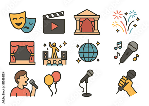 Entertainment icons set: theatre, music, and events