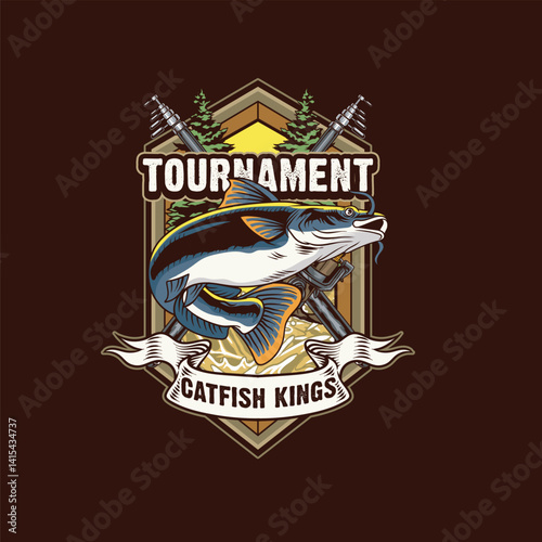 Vector Illustration of Catfish and Fishing Rod with Vintage Retro Illustration Available for Logo Badge