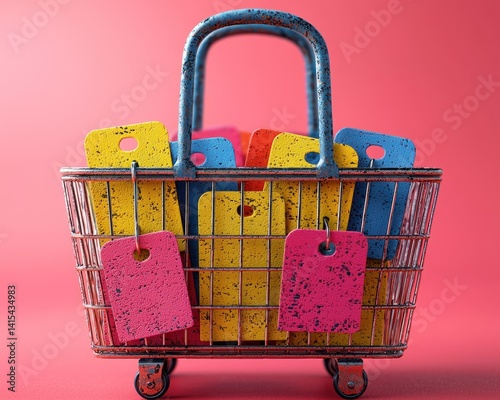 Colorful shopping basket filled with vibrant price tags against a pink backdrop photo