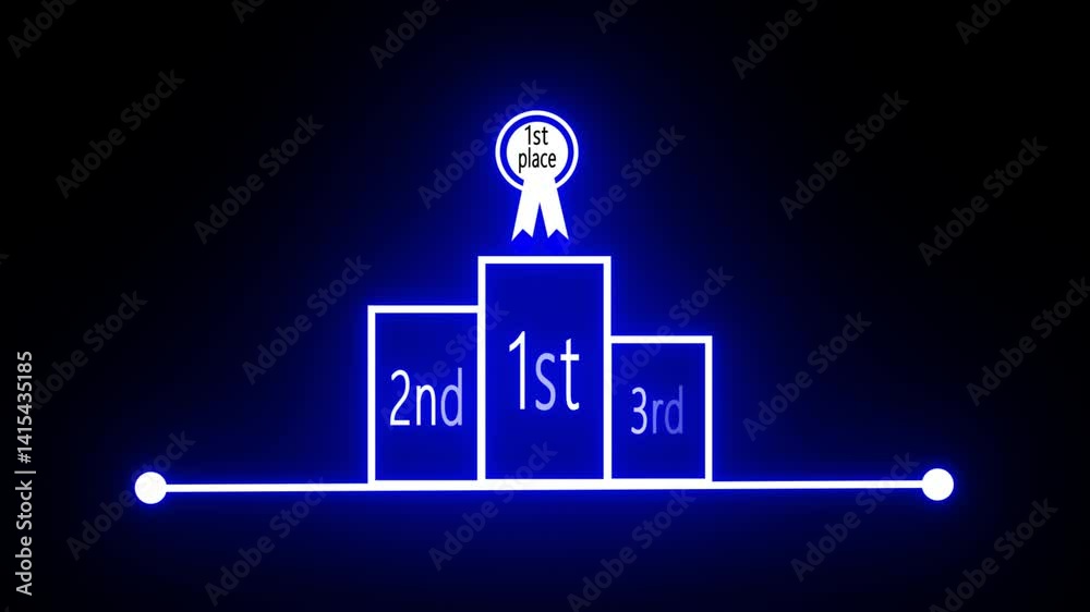 Glowing neon winner podium with 1st, 2nd, and 3rd place icon. Futuristic ranking stage logo design.