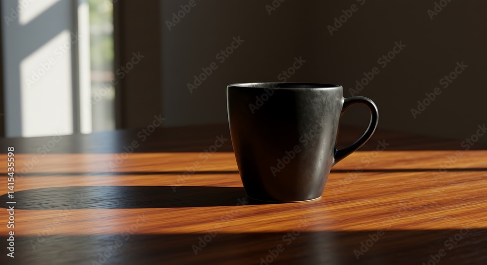 Fototapeta premium Black Mug Casting Long Shadow on Wooden Table in Sunlight