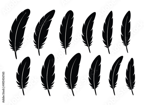 Feather icons set: collection of black silhouette feather designs in linear style