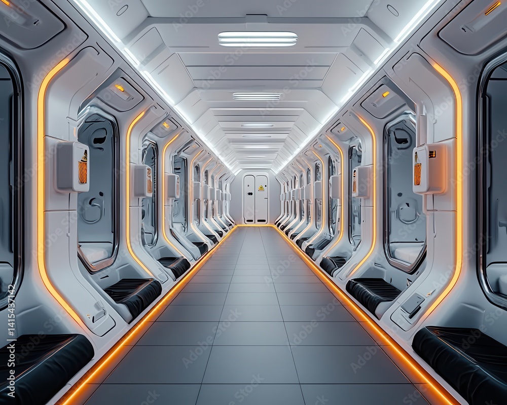 Obraz premium Capsule hotel inside massive kaleidoscope structure, immersive light design