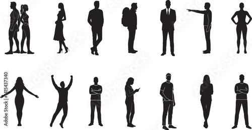 Flat Black Full Body Vector Silhouettes of Men and Women Standing in Various Poses Including Casual, Confident, Relaxed, Stylish, Pointing, Stretching, and More