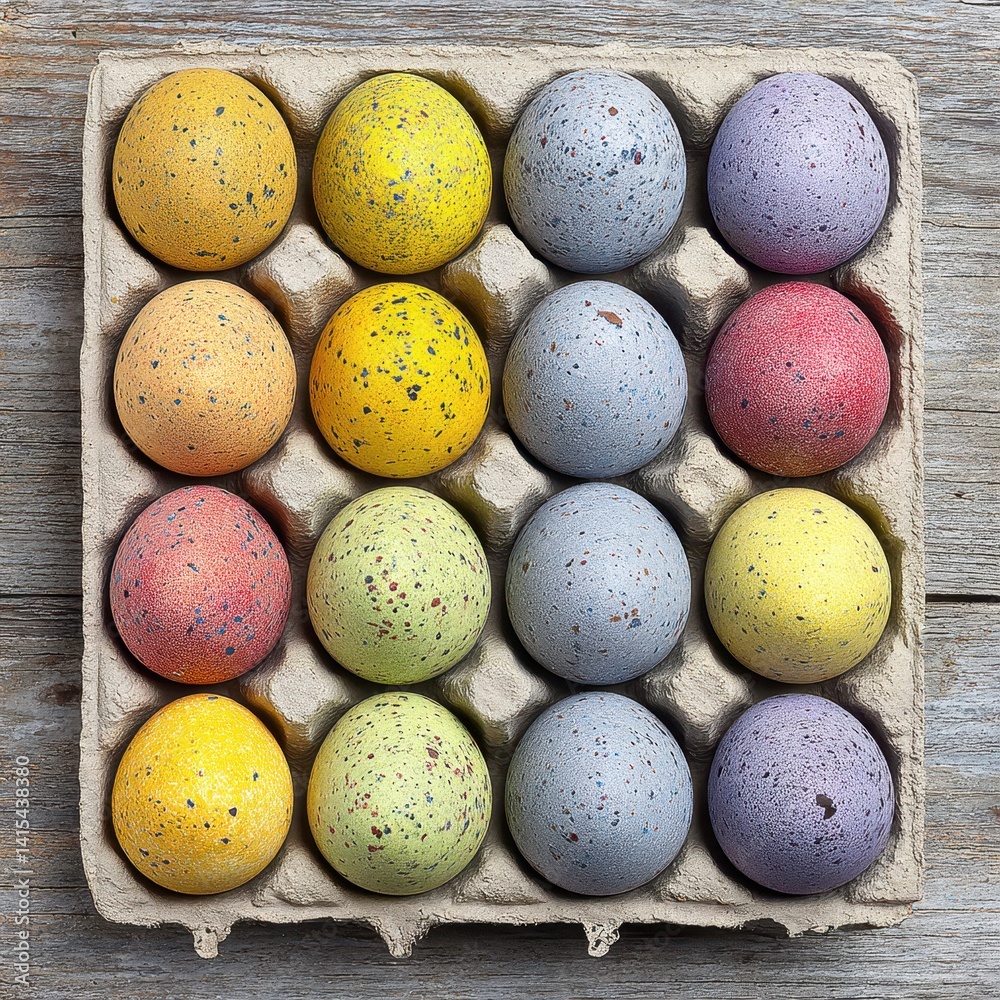 Colorful speckled eggs fill a recycled cardboard egg carton, resting on weathered gray wood. A charming, rustic still life Colorful speckled eggs fill a recycled cardboard egg carton, resting on weathered gray wood. A charming, rustic still life
