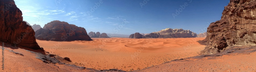 Panoramic view of a majestic desert landscape with impressive rock formations and vast red sand dunes. Panoramic view of a majestic desert landscape with impressive rock formations and vast red sand dunes.