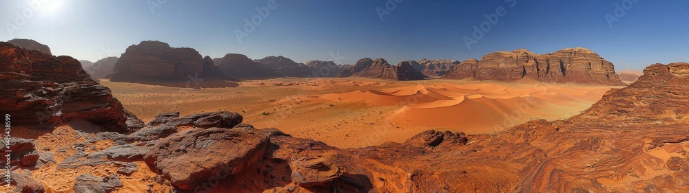 Naklejka premium Spectacular panorama of the wadi rum desert, showing the sand dunes and beautiful red rock formations.