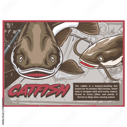 Vector Illustration of Catfish with Vintage Retro Illustration Available for Poster