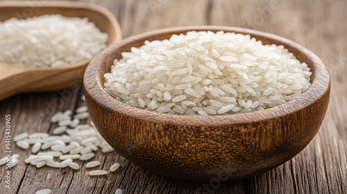 Wooden Bowl Filled With Raw White Rice in a Rustic Setting
