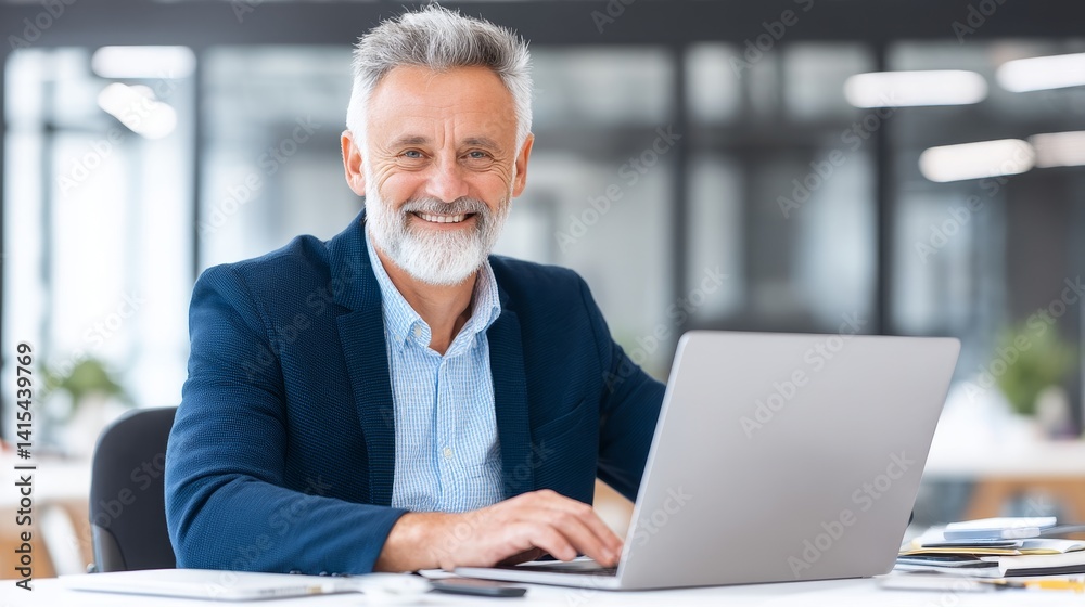 Successful Businessman Working on Laptop - A smiling mature adult businessman executive sitting at his desk, working on his laptop. Concepts: success, technology, professionalism, leadership Successful Businessman Working on Laptop - A smiling mature adult businessman executive sitting at his desk, working on his laptop. Concepts: success, technology, professionalism, leadership