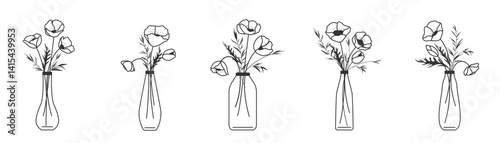 Outline flowers in vases, minimal style. An elegant set of spring poppies, hand-drawn in a contoured style. Black and white minimalism, floral theme, style for postcards, posters and decor