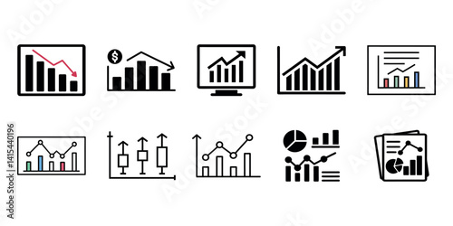 Set of business chart icons showing graphs rising and falling with analytics elements for financial and data presentation use