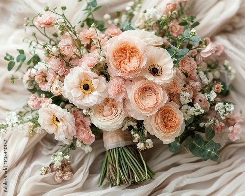 Beautiful floral bouquet featuring soft pink and peach roses on draped fabric