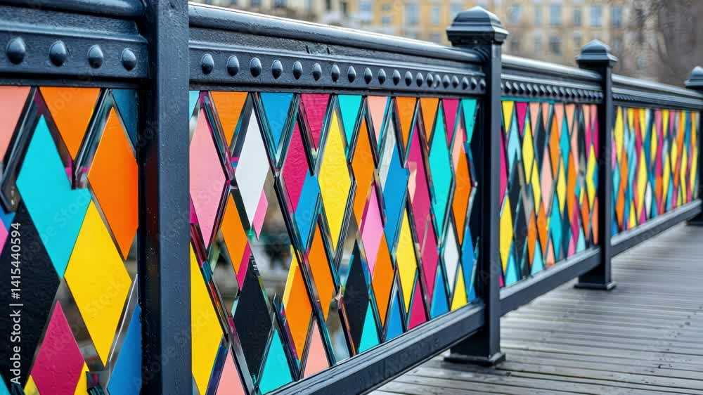 A colorful, geometric diamond pattern adorns a bridge railing in an urban setting.