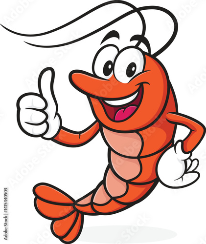 Colorful and cheerful cartoon shrimp character giving a thumbs up with a big smile. This fun and friendly mascot illustration is perfect for seafood branding, fish market logos, restaurant menus, chil