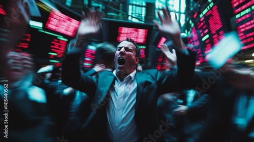 Dramatic Stock Exchange Panic Scene Featuring a Trader Screaming During Market Collapse Moment