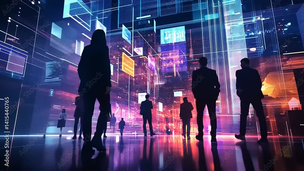 Silhouetted figures walking through a vibrant digital landscape with glowing data screens