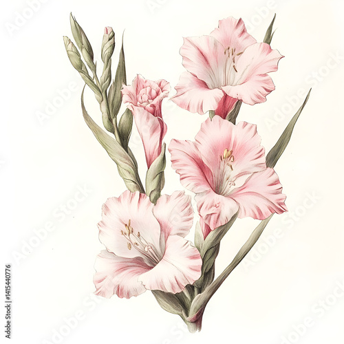 vintage gladiolus botanical sketch with pencil shading engraved details and soft pink tones antique floral illustration white background