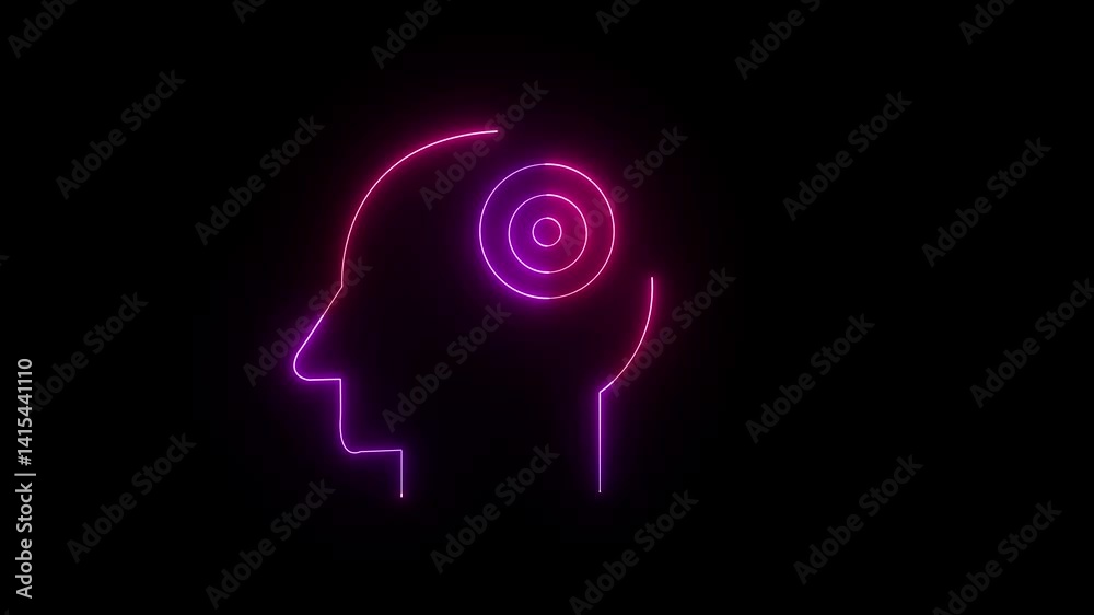 Glowing Neon Mental Disorder Icon Animation on Black Background, 