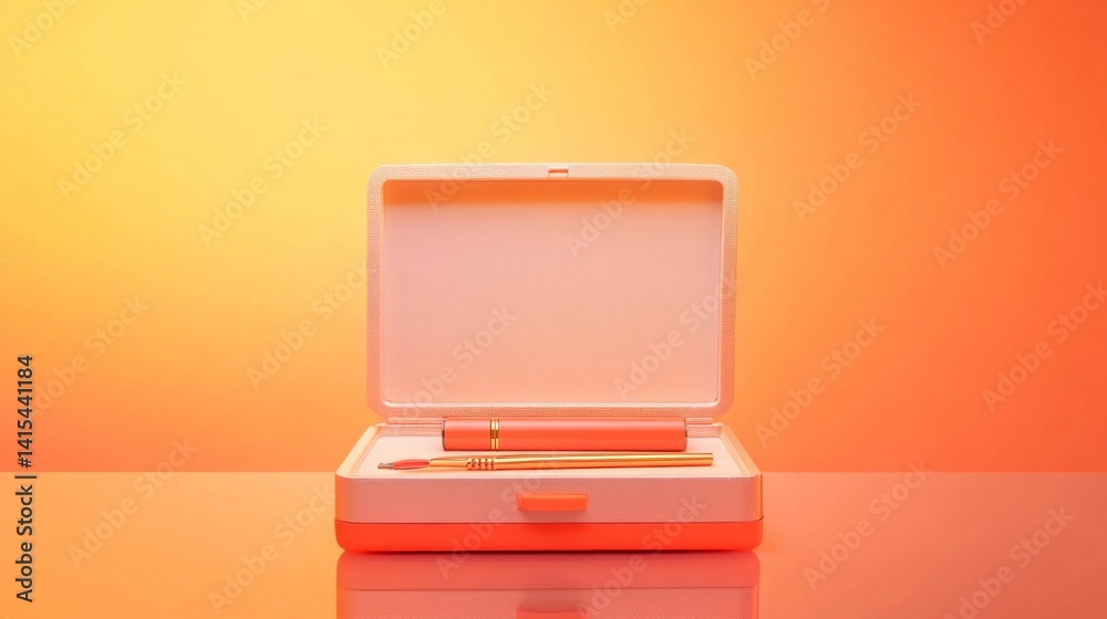 Open box mockup of curling tool with accessories and reflection underneath on studio lit display Open box mockup of curling tool with accessories and reflection underneath on studio lit display