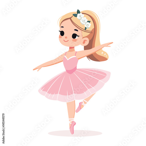 Pretty and gentle ballerina girl in dress dancing on white background. Poster, Banner, Flyer, Greeting Card. Vector illustration in flat cartoon style