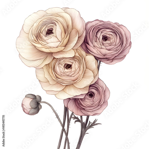 vintage ranunculus sketch with engraved pencil lines and muted rose tones antique botanical floral clip art white background