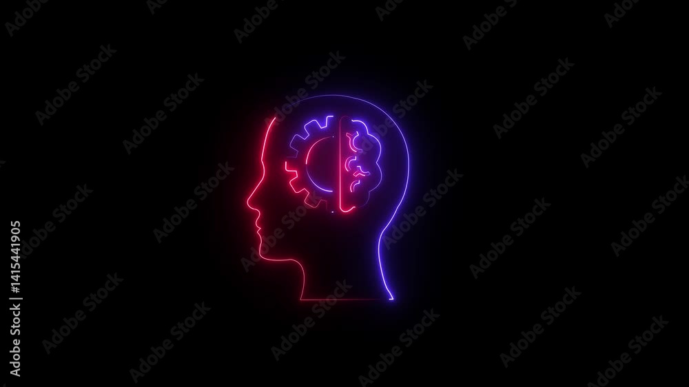 Glowing Neon Brain Process Icon Animation on Black Background, Glowing Neon Brain Process Icon Animation on Black Background,