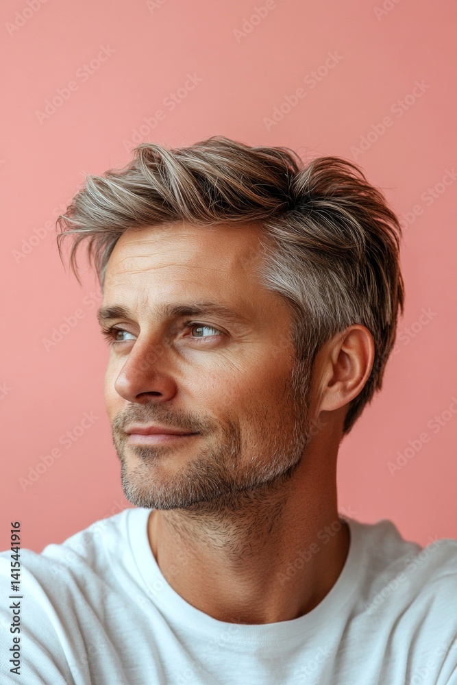 A soft and natural man with a glowing expression. Trendy men's shoulder-length taper haircut - midlife white man with blond hair. Pink solid background. Concept art of style for aging men. A soft and natural man with a glowing expression. Trendy men's shoulder-length taper haircut - midlife white man with blond hair. Pink solid background. Concept art of style for aging men.