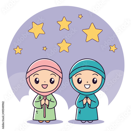 Two children in prayerful poses, night sky background
