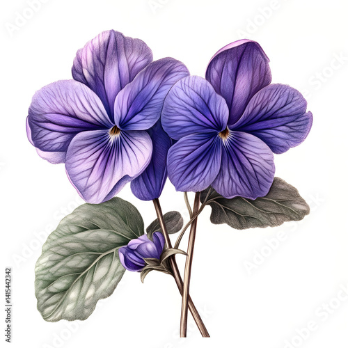 vintage violet flower sketch with soft pencil shading and engraved botanical style antique floral illustration white background