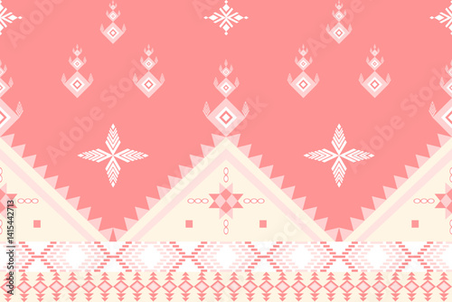 This coral-hued textile pattern features geometric star motifs, diamond shapes, and triangular borders in white.
