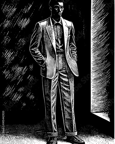 A sharply dressed man stands alone, lit by the glow from a nearby window.  
The contrast of light and shadow adds a dramatic, introspective tone.