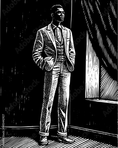 A poised man stands confidently near a window, hands in pockets.  
His polished suit and upright stance reflect quiet strength and style.